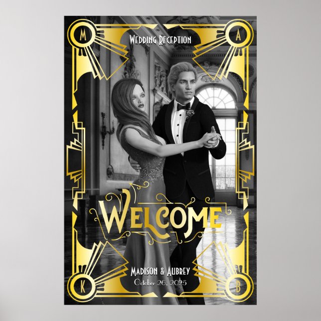 Art Deco Wedding Reception Welcome Gold & Black Poster (Front)