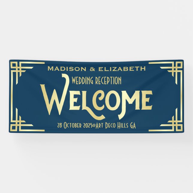 Art Deco Wedding Reception Welcome Gold Dark Blue Banner (Horizontal)