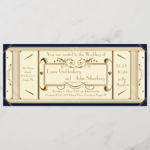 art deco wedding ticket,Ivory, back Navy Invitation