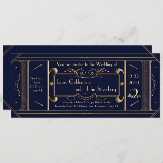 art deco wedding ticket,navy, back navy invitation (Front/Back)
