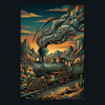Art Deco Western Express Train, Geometric Wall Art<br><div class="desc">Art Deco Western Express train wall art featuring a stylized steam locomotive crossing a rugged desert landscape with geometric mountains and saguaro cacti. Intricate Art Deco patterns in the smoke trails and engine details are rendered in deep teal, bronze, and golden sunset tones. Perfect for train enthusiasts, vintage travel lovers,...</div>