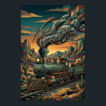 Art Deco Western Express Train, Geometric Wall Art<br><div class="desc">Art Deco Western Express train wall art featuring a stylized steam locomotive crossing a rugged desert landscape with geometric mountains and saguaro cacti. Intricate Art Deco patterns in the smoke trails and engine details are rendered in deep teal, bronze, and golden sunset tones. Perfect for train enthusiasts, vintage travel lovers,...</div>