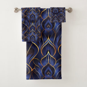 Art Deco Whimsical Vintage Blue Floral Pattern Bath Towel Set