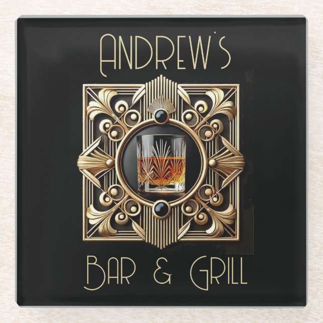 Art Deco, Whiskey Logo Bar & Grill Glass Coaster (Front)