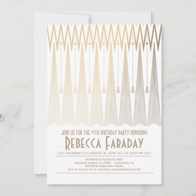 Art Deco White and Gold Gatsby Birthday Party Invitation (Front)