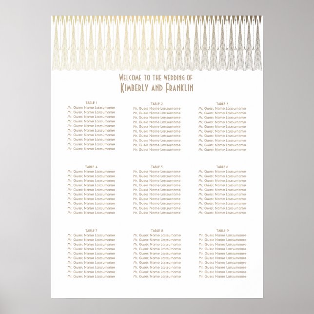 Art Deco White and Gold Wedding Seating Chart (Front)