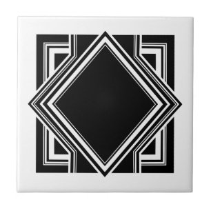 Art Deco White Black Geometric Square Element 05 Tile