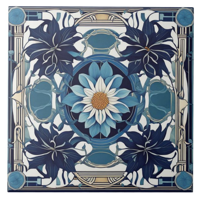 Art Deco White Daisy Flower Art Nouveau Blue Tile (Front)
