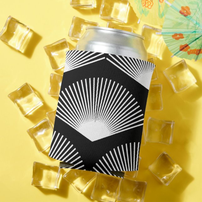 Art Deco White Fan Black Pattern Can Cooler (In Situ Summer)