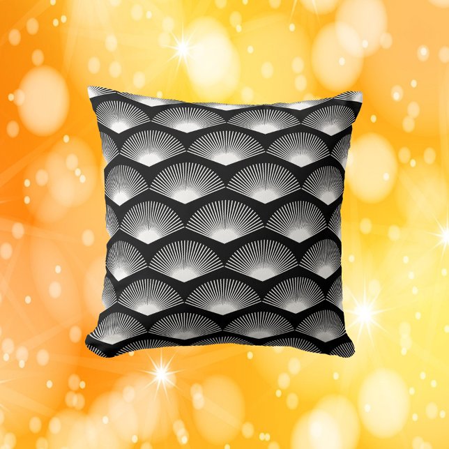 Art Deco White Fan Black Pattern Throw Pillow (A throw pillow with an art deco inspired pattern of white fans on a black background)