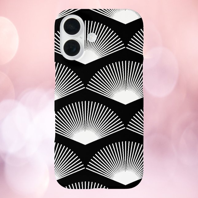 Art Deco White Fan Pattern Black Background Case-Mate iPhone Case (A phone case with an art deco white fan pattern on a black background.)