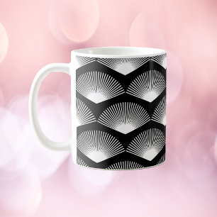 Art Deco White Fan Pattern Black Background Coffee Mug