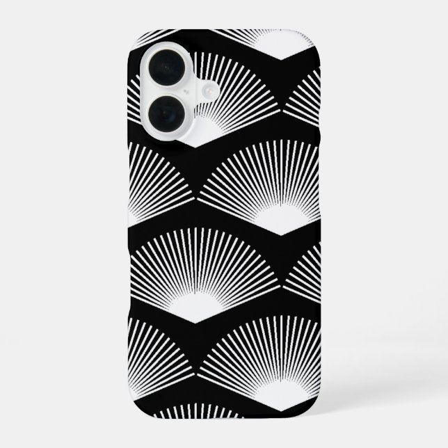 Art Deco White Fan Pattern Black Background iPhone 16 Case (Back)