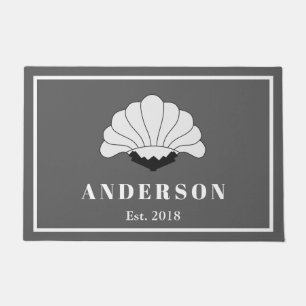 Art Deco White Flower Blossom Crest Family Name Doormat