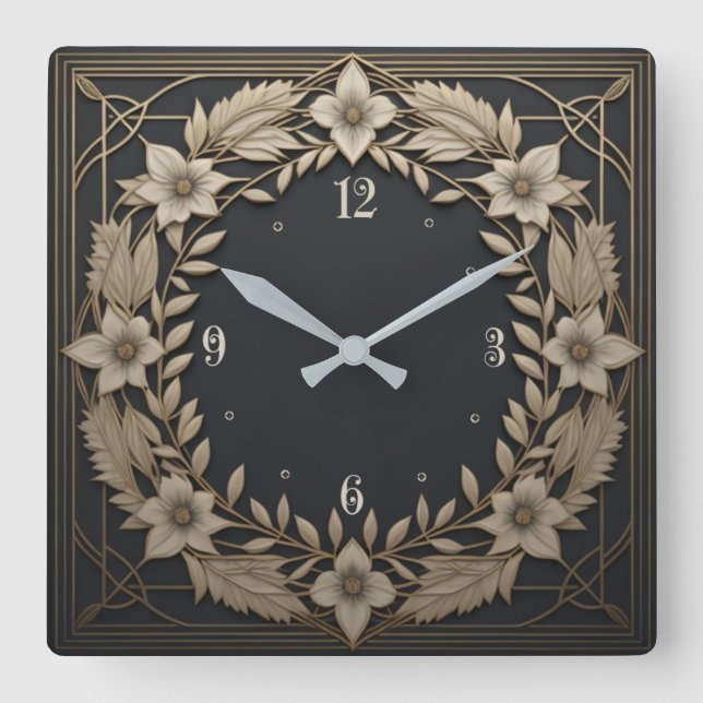 Art Deco white flower Square Wall Clock (Front)