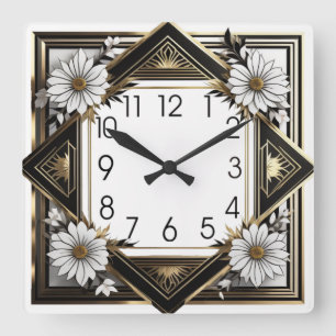 Art Deco white flowers Square Wall Clock