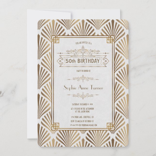 Art Deco White Gatsby 1920s 50th Birthday Party Invitation (Front)