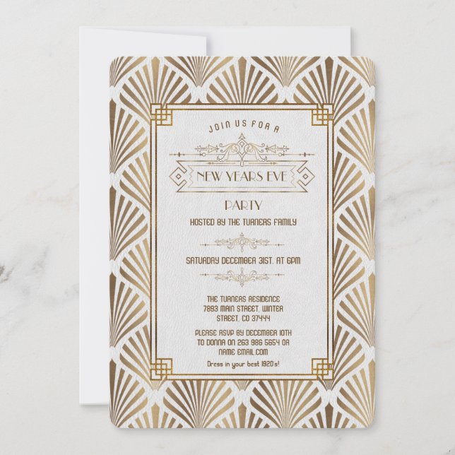 Art Deco White Gatsby 1920s New Year's Eve Party Invitation (Front)
