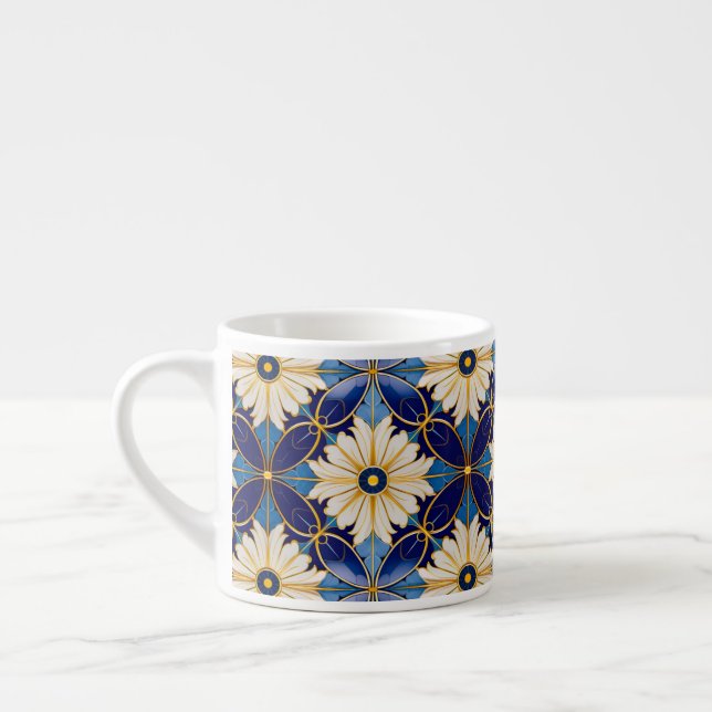 Art Deco White Petals Blue Gold Floral Pattern Espresso Cup (Left)