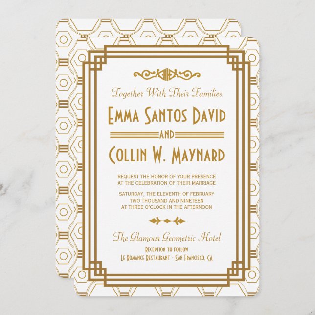 Art Deco White Wedding Invitations (Front/Back)