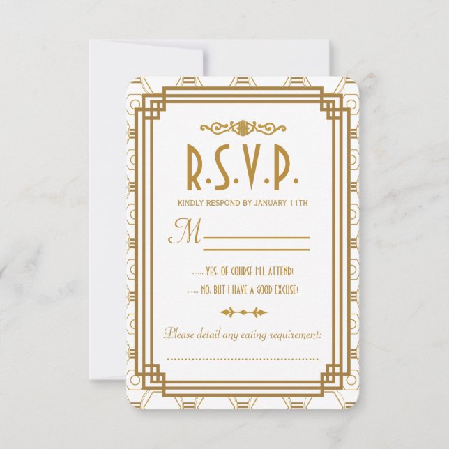 Art Deco White Wedding RSVP Cards (Front)