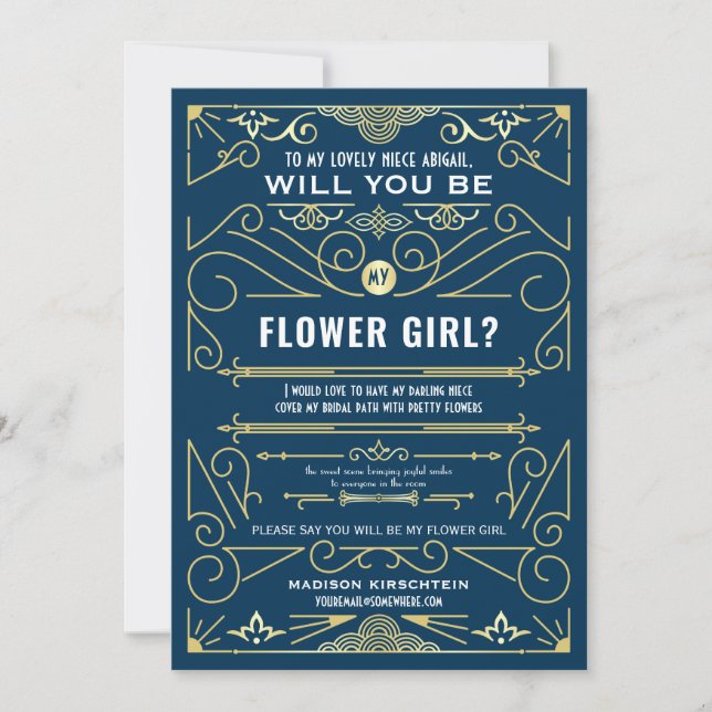 Art Deco Will You Be My Flower Girl Gold Blue Invitation (Front)