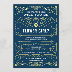 Art Deco Will You Be My Flower Girl Gold Blue Invitation