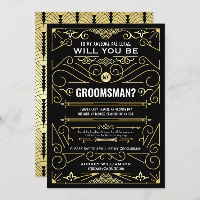 Art Deco Will You Be My Groomsman Gold Black Invitation (Front/Back)