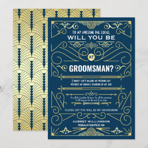 Art Deco Will You Be My Groomsman Gold Dark Blue Invitation