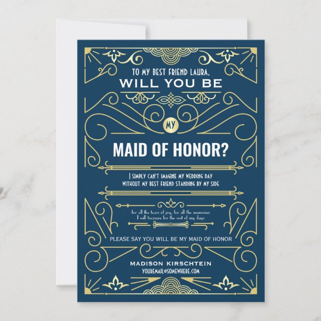 Art Deco Will You Be My Maid of Honour Gold Blue Invitation (Front)