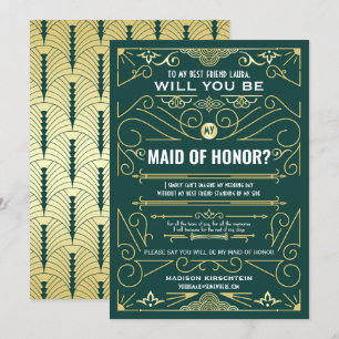 Art Deco Will You Be My Maid of Honour Gold Green Invitation