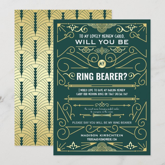 Art Deco Will You Be My Ring Bearer Gold Green Invitation (Front/Back)