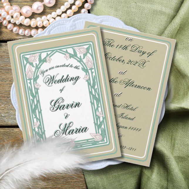 Art Deco William Morris Floral Green Wedding  Invitation (Creator Uploaded)