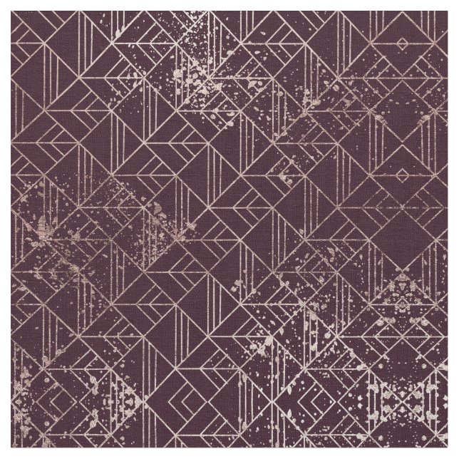 Art Deco Wine Red Gold Geometric Retro Pattern Fabric (Close Up)