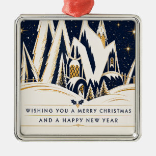Art Deco Winter Christmas Village Navy blue Metal Ornament