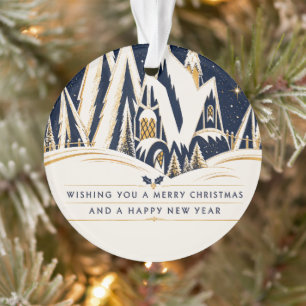 Art Deco Winter Christmas Village Navy blue Ornament