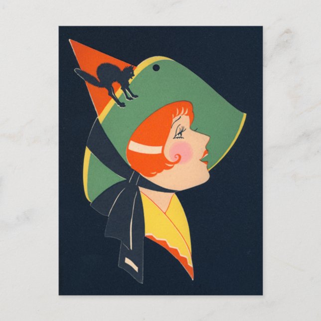 Art Deco Witch Black Cat Postcard (Front)