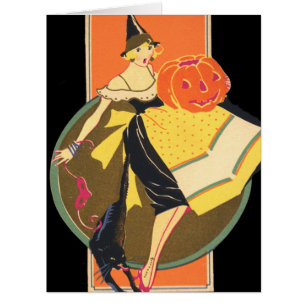 Art Deco Witch Jack O Lantern Pumpkin Black Cat