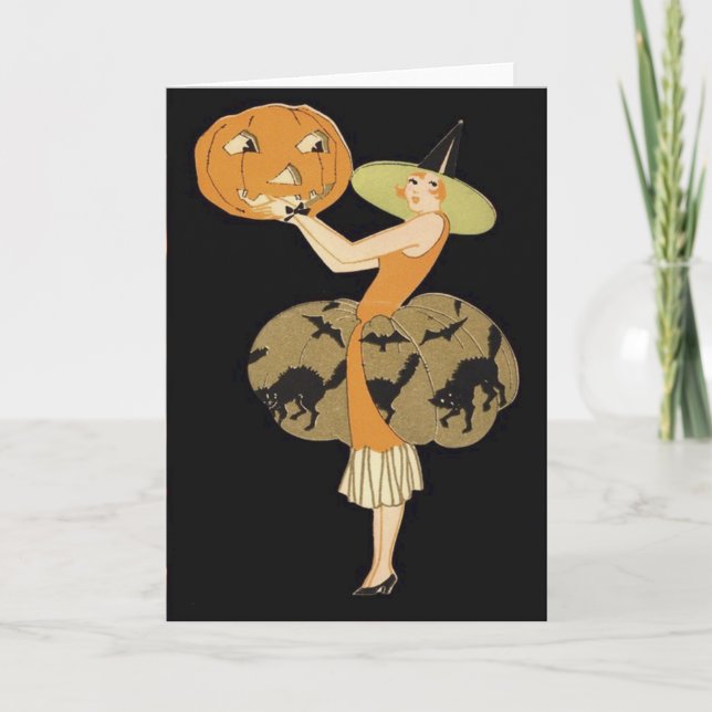 Art Deco Witch Jack O Lantern Pumpkin Black Cat Card (Front)