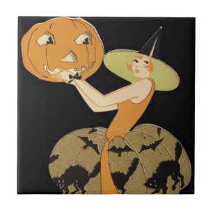 Art Deco Witch Jack O Lantern Pumpkin Black Cat Tile