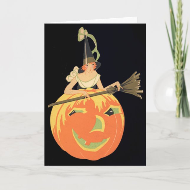Art Deco Witch Jack O Lantern Pumpkin Broom Card (Front)