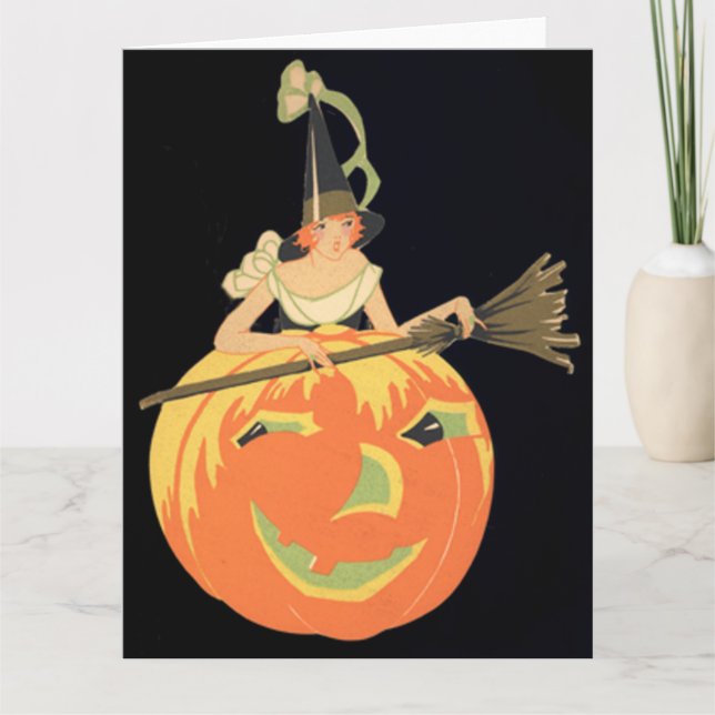 Art Deco Witch Jack O Lantern Pumpkin Broom Card (Front)
