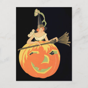 Art Deco Witch Jack O Lantern Pumpkin Broom Postcard