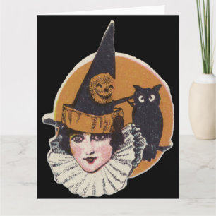 Art Deco Witch Jack O Lantern Pumpkin Owl Card