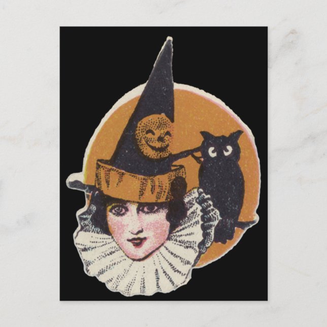 Art Deco Witch Jack O Lantern Pumpkin Owl Postcard (Front)