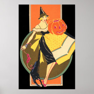 Art Deco Witch Jack O Lantern Pumpkin Poster