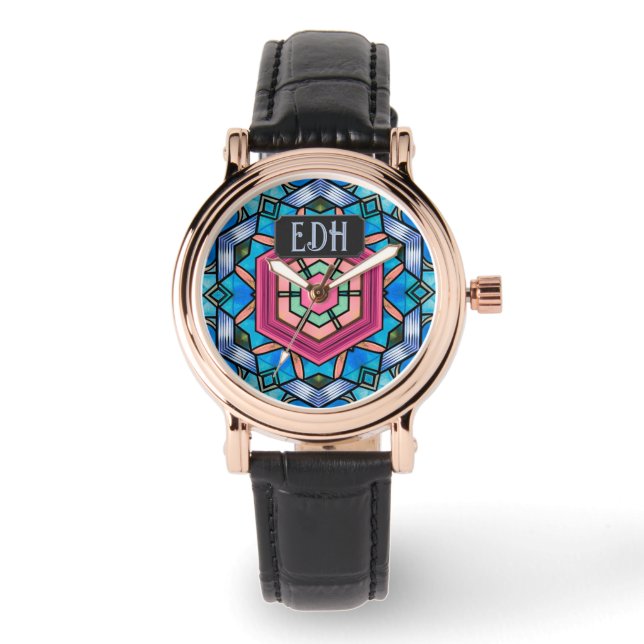 Art Deco with Your Initials - Blue and Pink 1930s  Watch (Front)