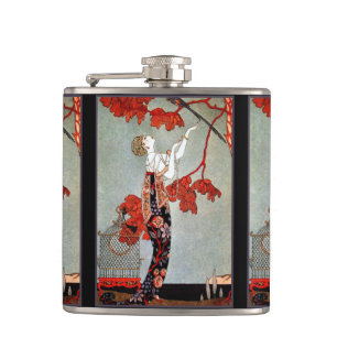 Art Deco Woman and the Parrot Hip Flask