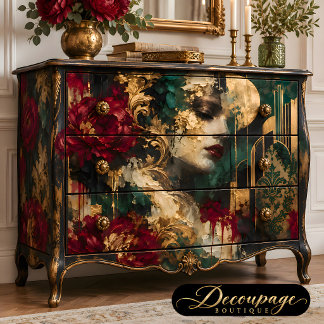 Art Deco Woman Burgundy Floral Decoupage Tissue Paper