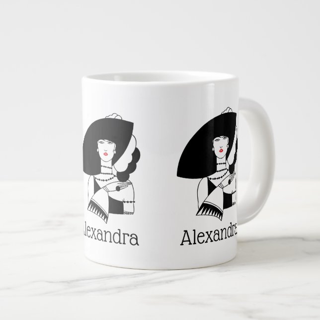 Art Deco Woman In Big Hat Gloves RL Large Coffee Mug (Front Right)